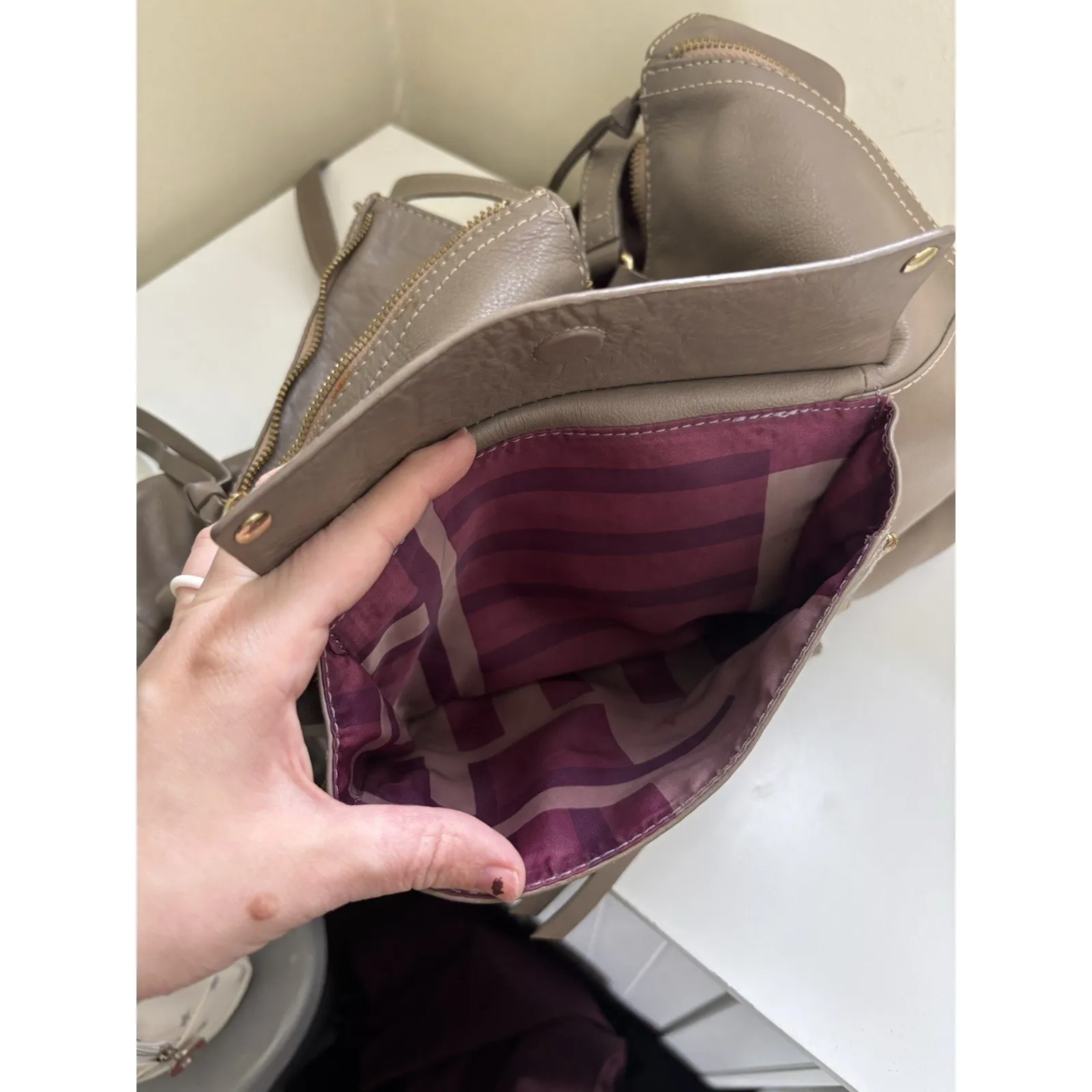 Kooba Everette Taupe Brown Leather Expandable Tote Shoulder Bag Gold Accents - Image 13