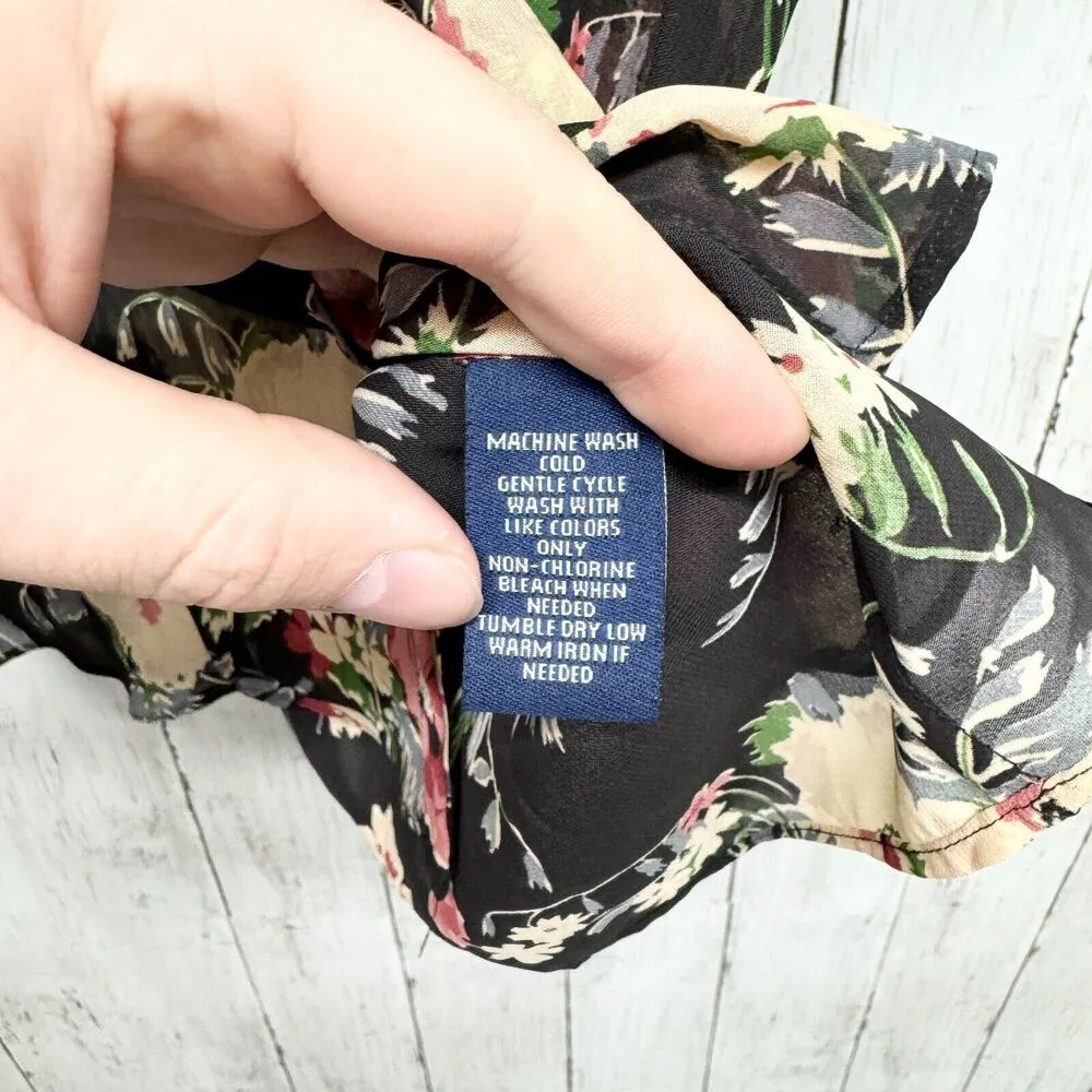 Chaps Top Women's Size M Short Sleeve Shell Black Floral Print Sheer V Neck - Image 3