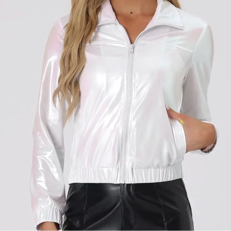 NWT Allegra K Women’s Holographic Metallic Zip-Up Jacket - Medium - Image 2