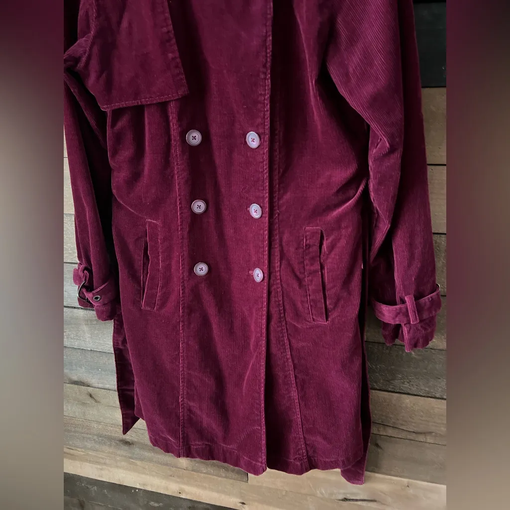 Vintage Burgundy Corduroy Trench Coat Kathy Ireland Belted Double Breasted - Image 13