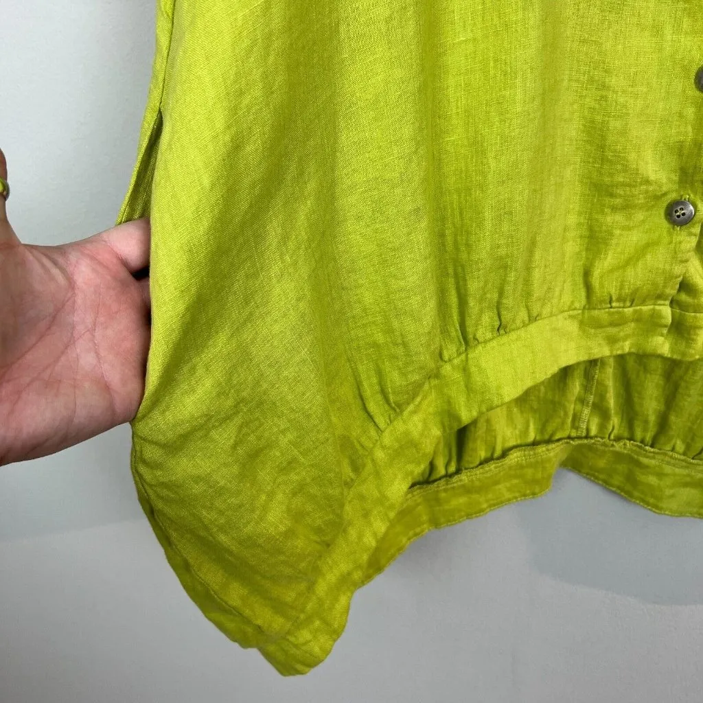 MSquare by Neetu Malik Tunic Top Medium Chartreuse Linen Button Up Art Lagenlook Green - Image 5