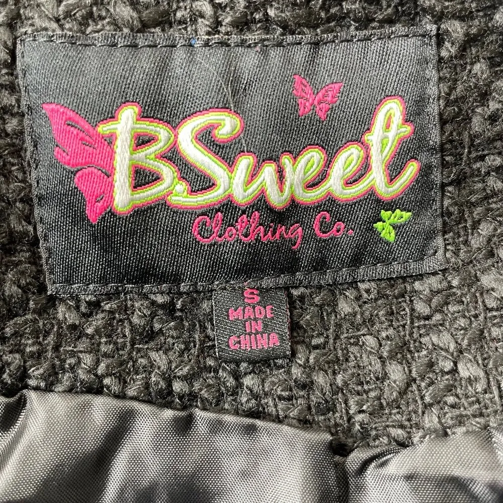 B Sweet Women's Wool Blend Tweed Coat Jacket Zip with Zipper Pockets Sz Small Black - Image 4