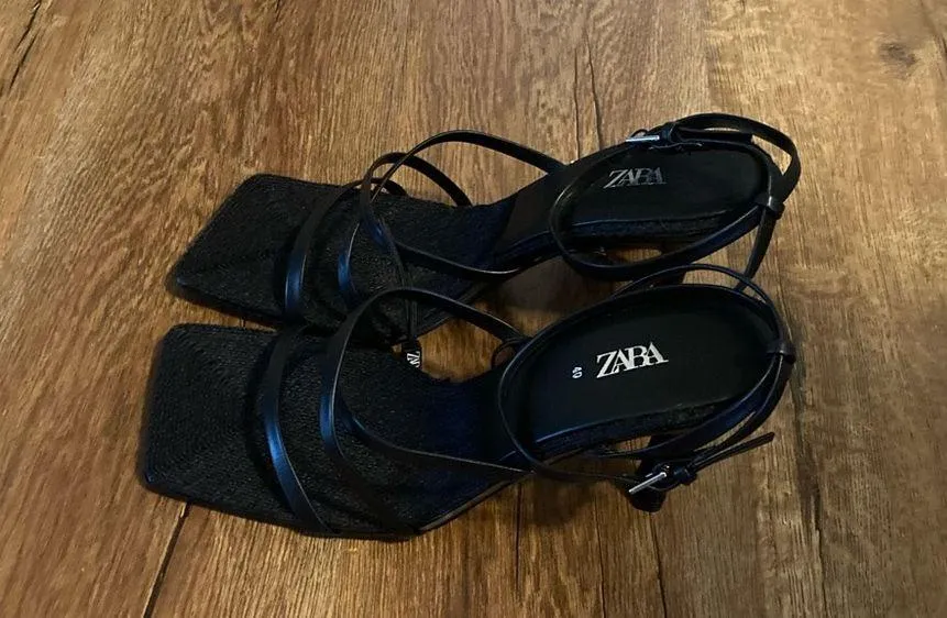 Zara Black Heeled Leather Sandals With Jute Insole Size 40 US9 - Image 9