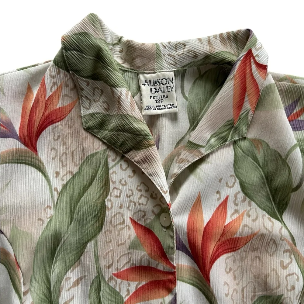 Vintage 90s Textured Birds Of Paradise Tropical Floral Button Down Shirt 12P Orange - Image 2