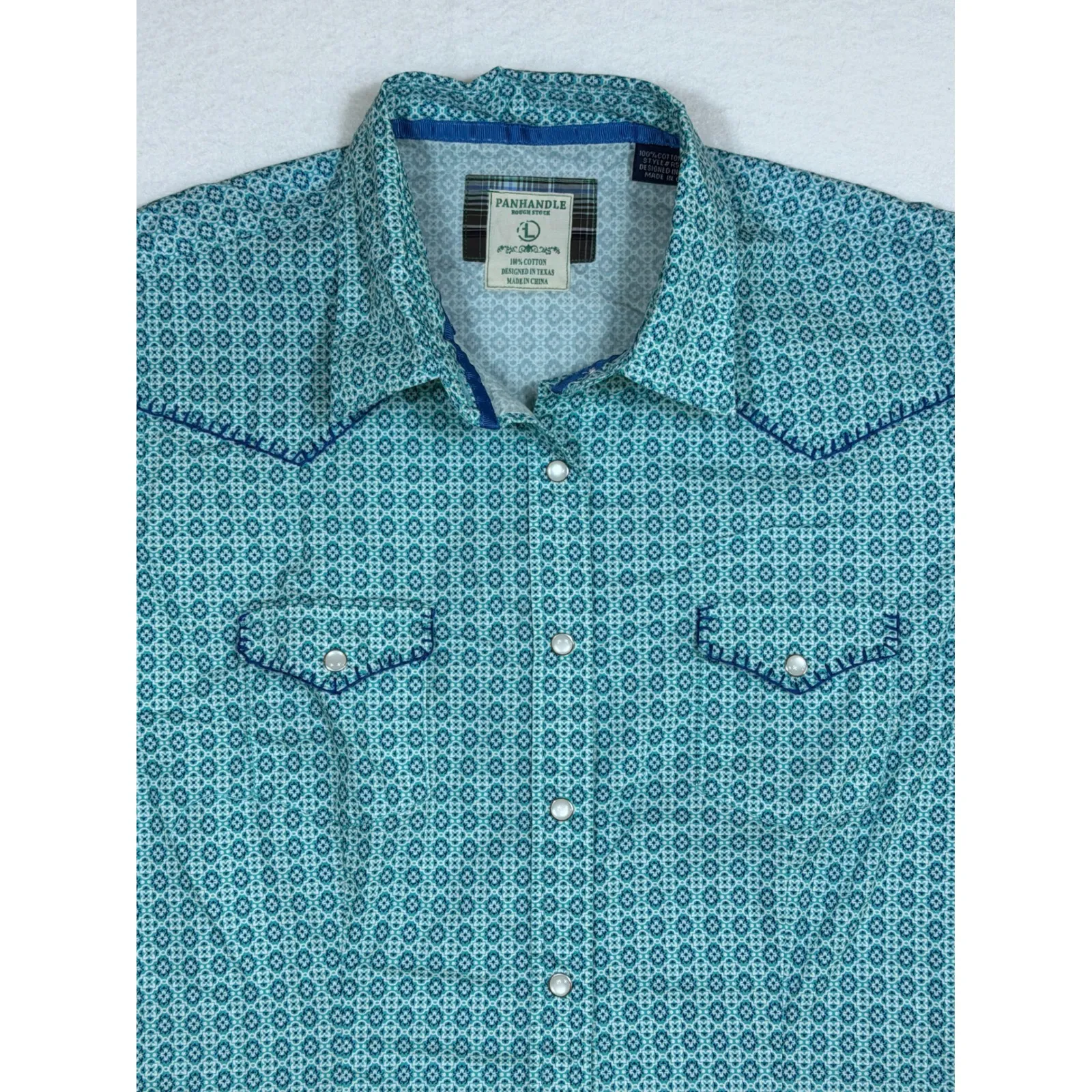 Panhandle Rough Stock Women Teal Geometric Pattern Western Pearl Snap Shirt LG Blue - Image 2