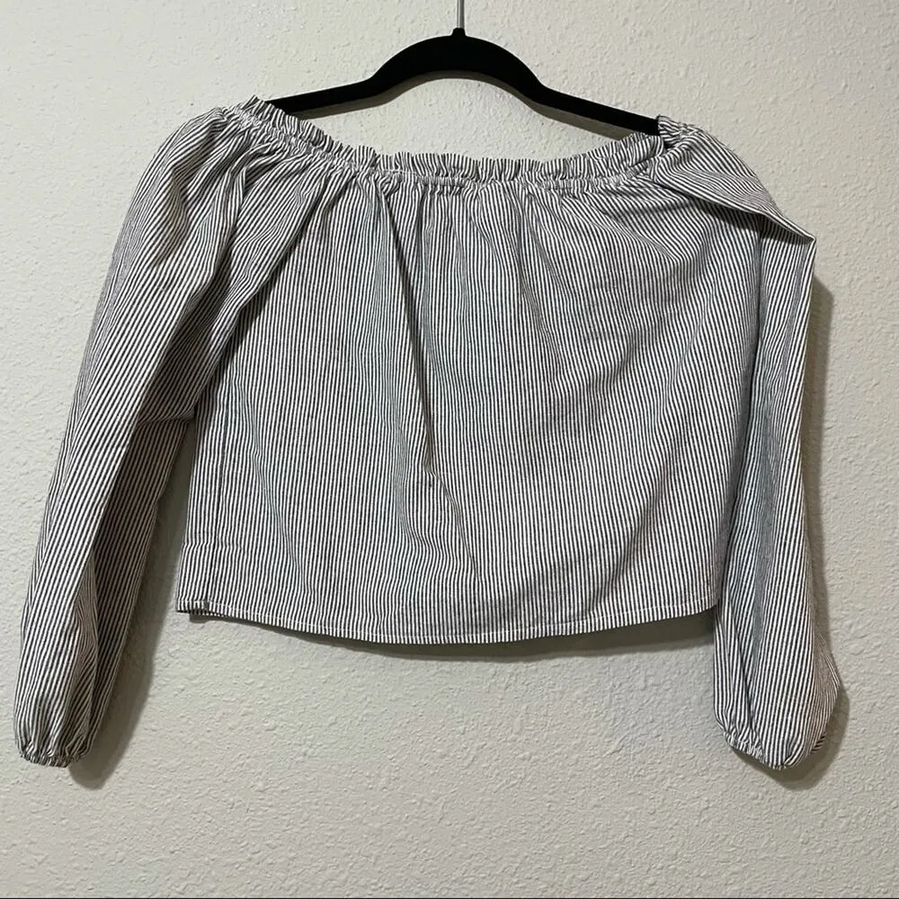 Brandy Melville Grey Striped Off Shoulder Balloon Sleeve Blouse Womens Small - Image 4
