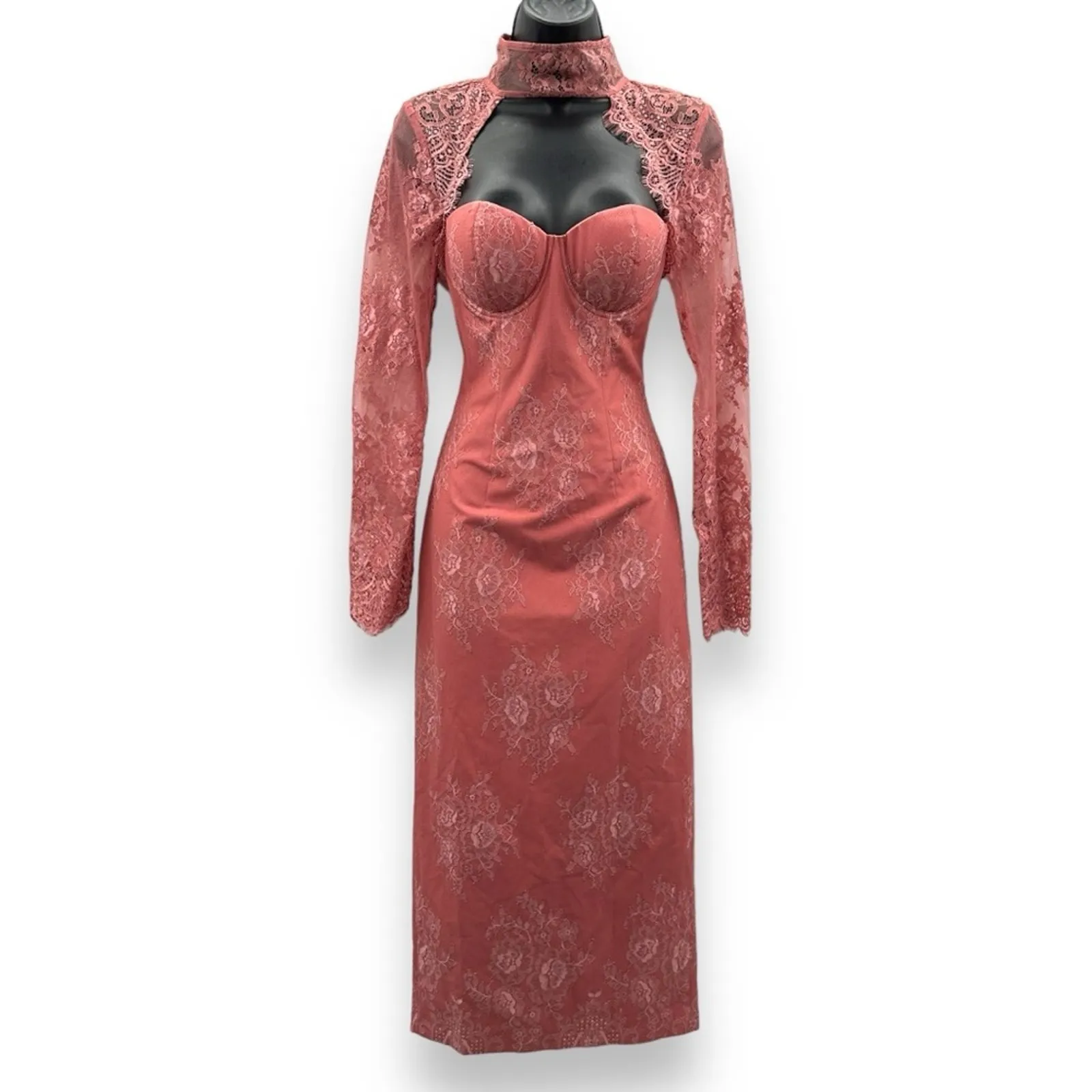 Elle Zeitoune Genevieve Pink Floral Lace Mock Neck Tie Back Midi Dress Sz 4 NEW - Image 3