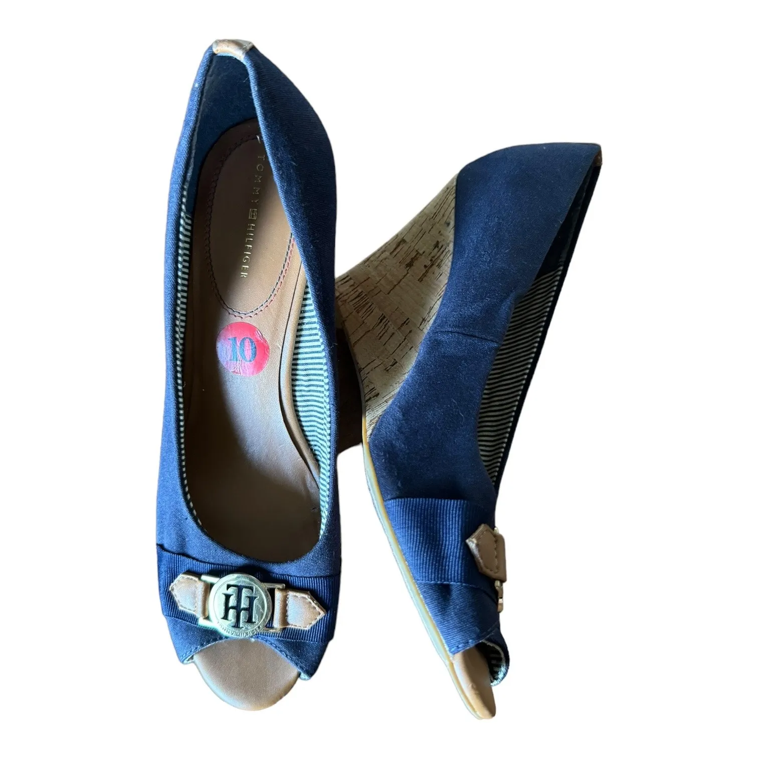 Tommy Hilfiger Navy peep toe wedges with gold accent summer preppy size 10 - Image 3