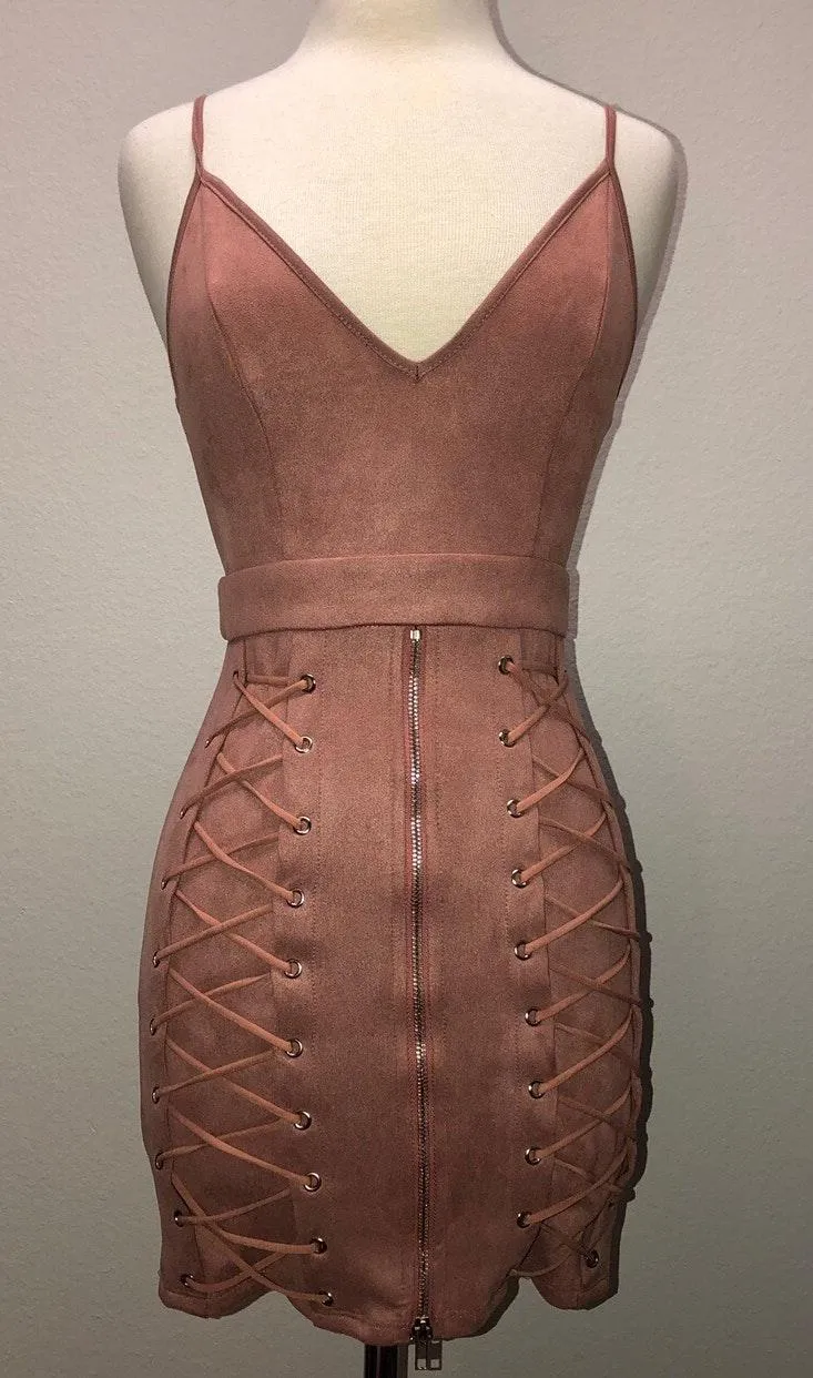 LF Suede Pink Lace Up Zip Up Bodycon - Image 2