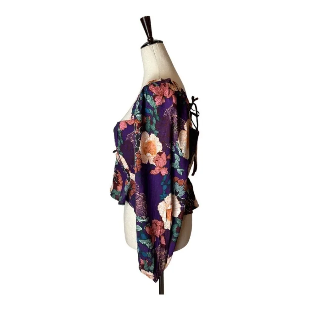 Band Of The‎ Free Shirt Women Medium Purple Floral Puff Sleeve Cropped Top NWT - Image 6