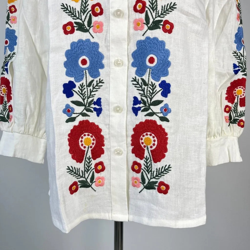 NWOT Boden Embroidered Floral Ivory Long Sleeves White Linen Top Shirt Blouse 12 - Image 4