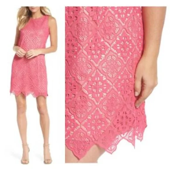 NWT Eliza J Sleeveless Lace Scalloped Hem Shift Dress In Hot Pink Size 0 - Image 2