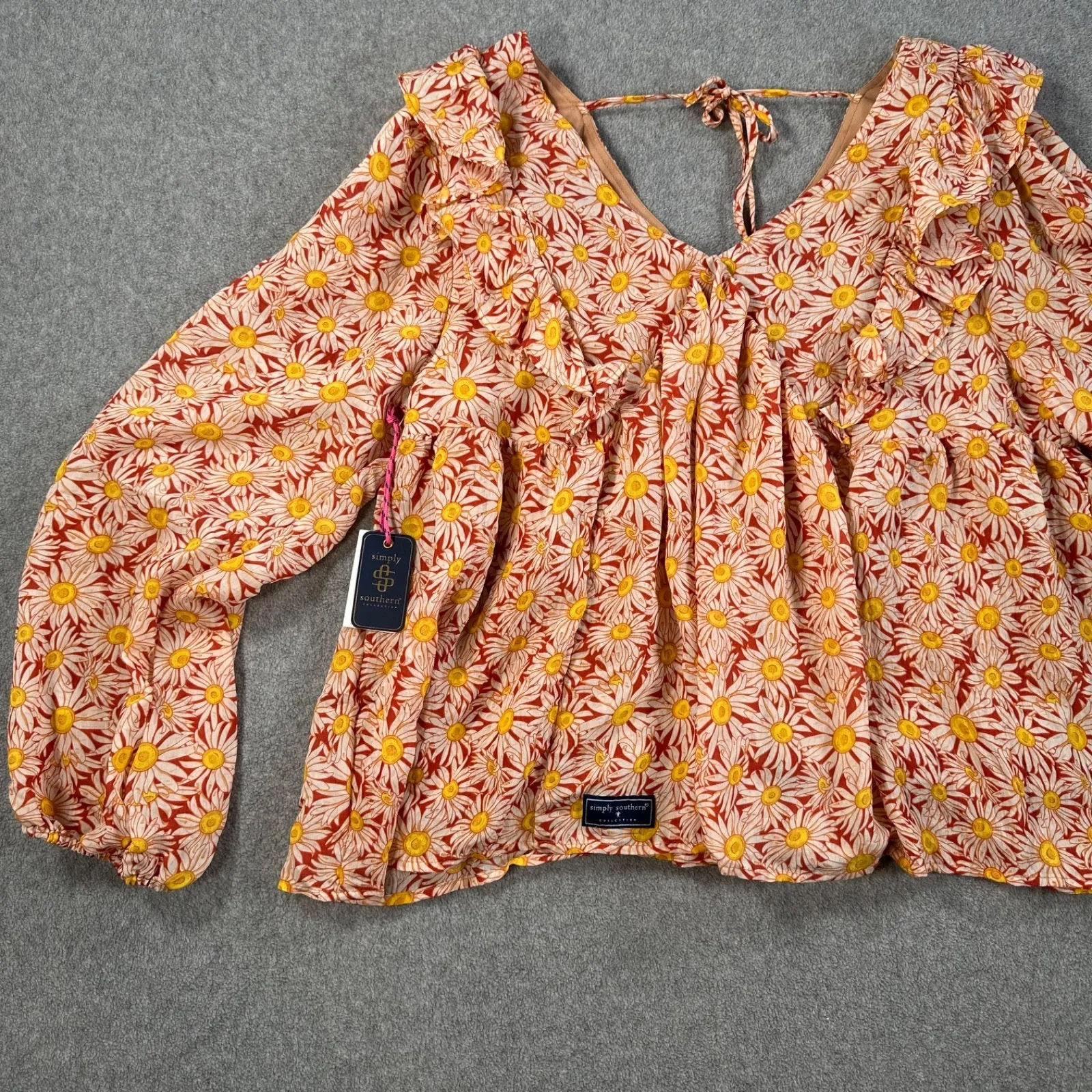 Simply Southern Daisy Print Ruffle Babydoll Blouse Women's XXL Red Tie Back New - Image 2