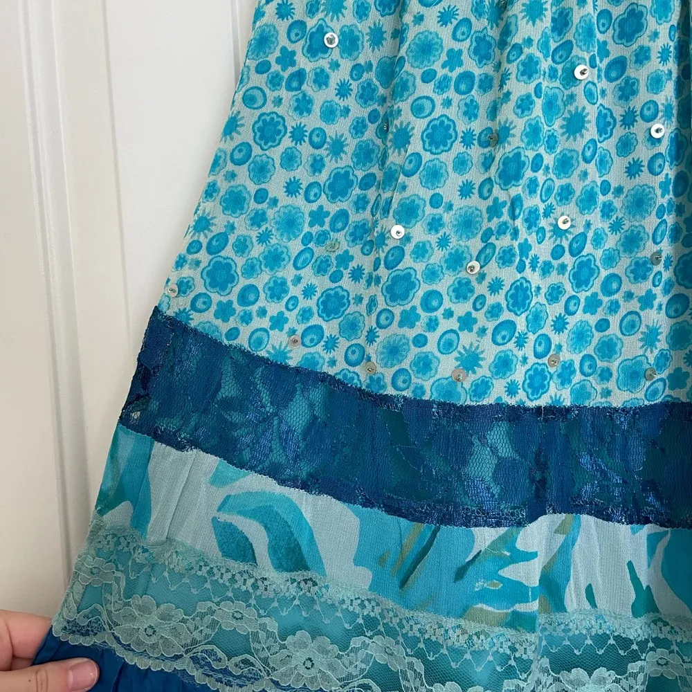 Vintage Paradise NY women’s blue sequin patterned lace maxi layered skirt small - Image 2