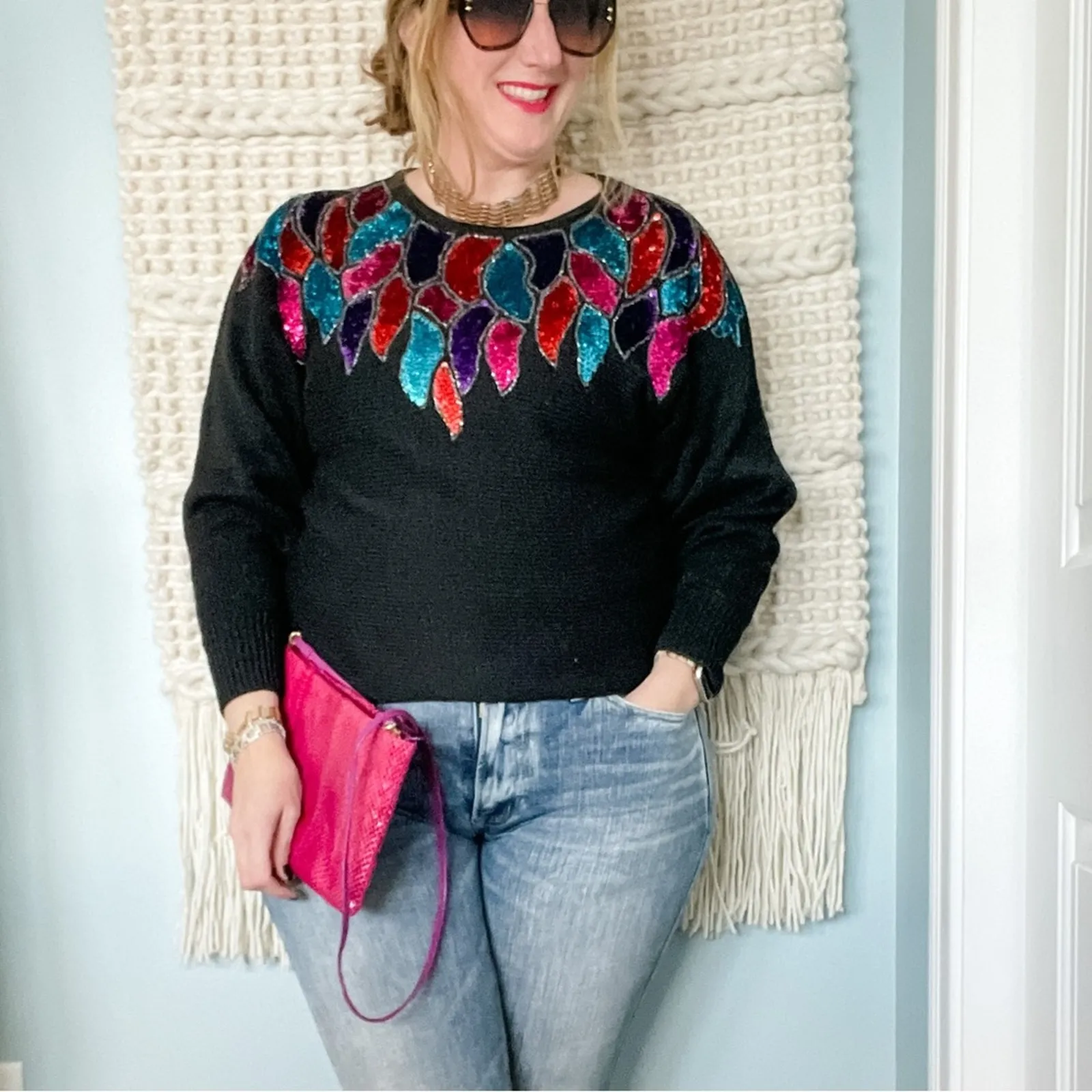 Vintage 90s vibrant sequin neckline loose knit dolman sweater oversized size S Black - Image 4