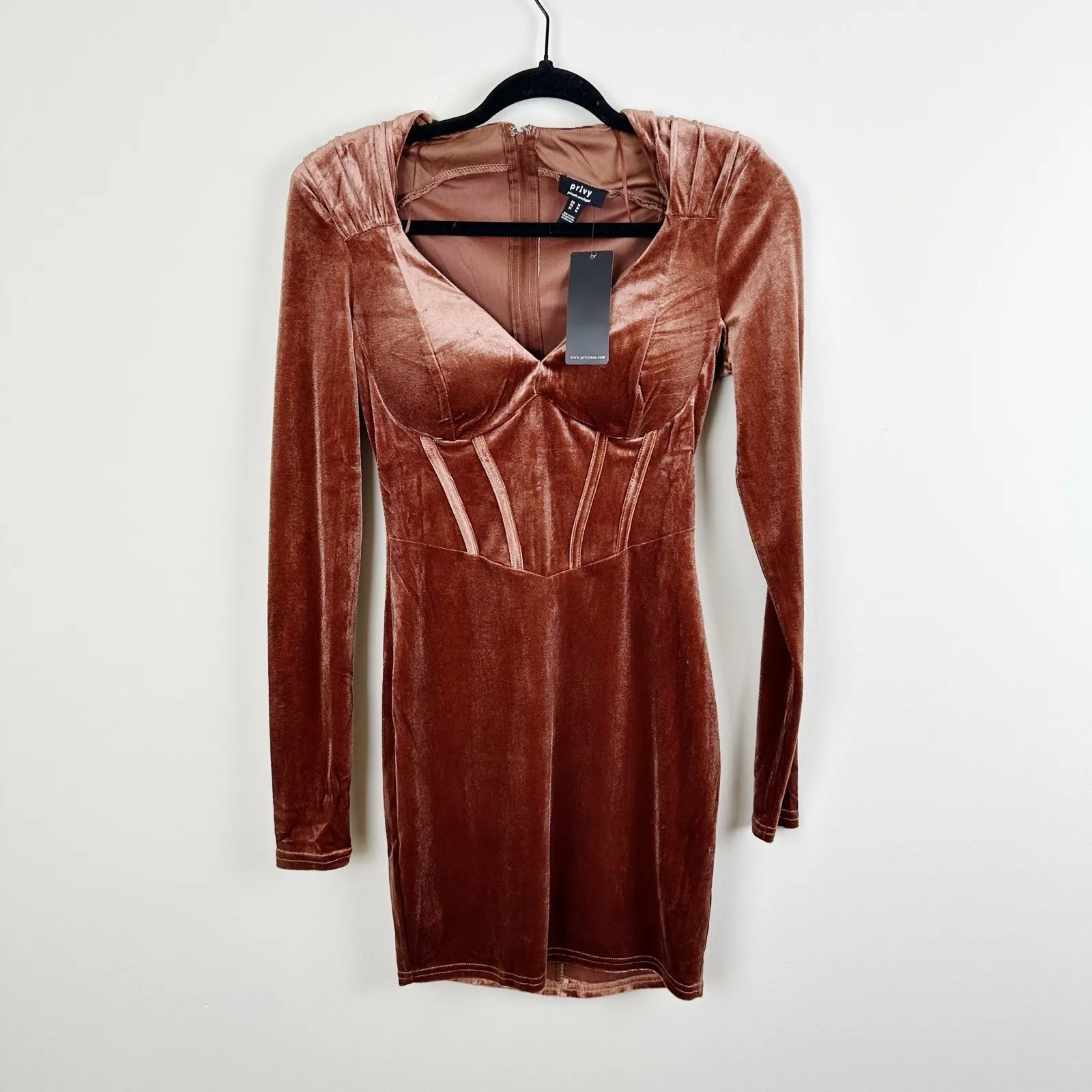 Privy Privately Privileged Velvet Bodycon Mini Dress Brown Long Sleeve Size M NW Size M - Image 3