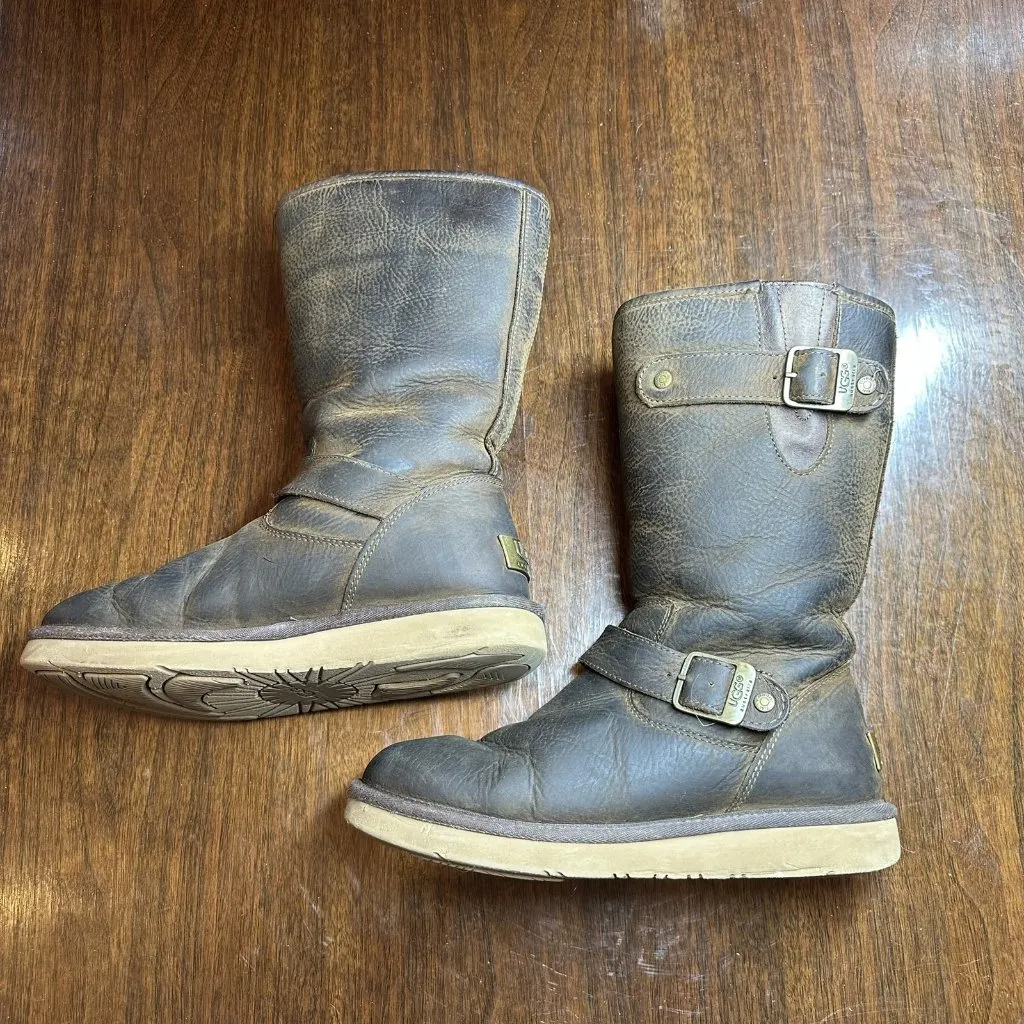 UGG Australia Brown Leather Sutter Buckle Boots Shearling Lined Women’s Size 7 - Image 3