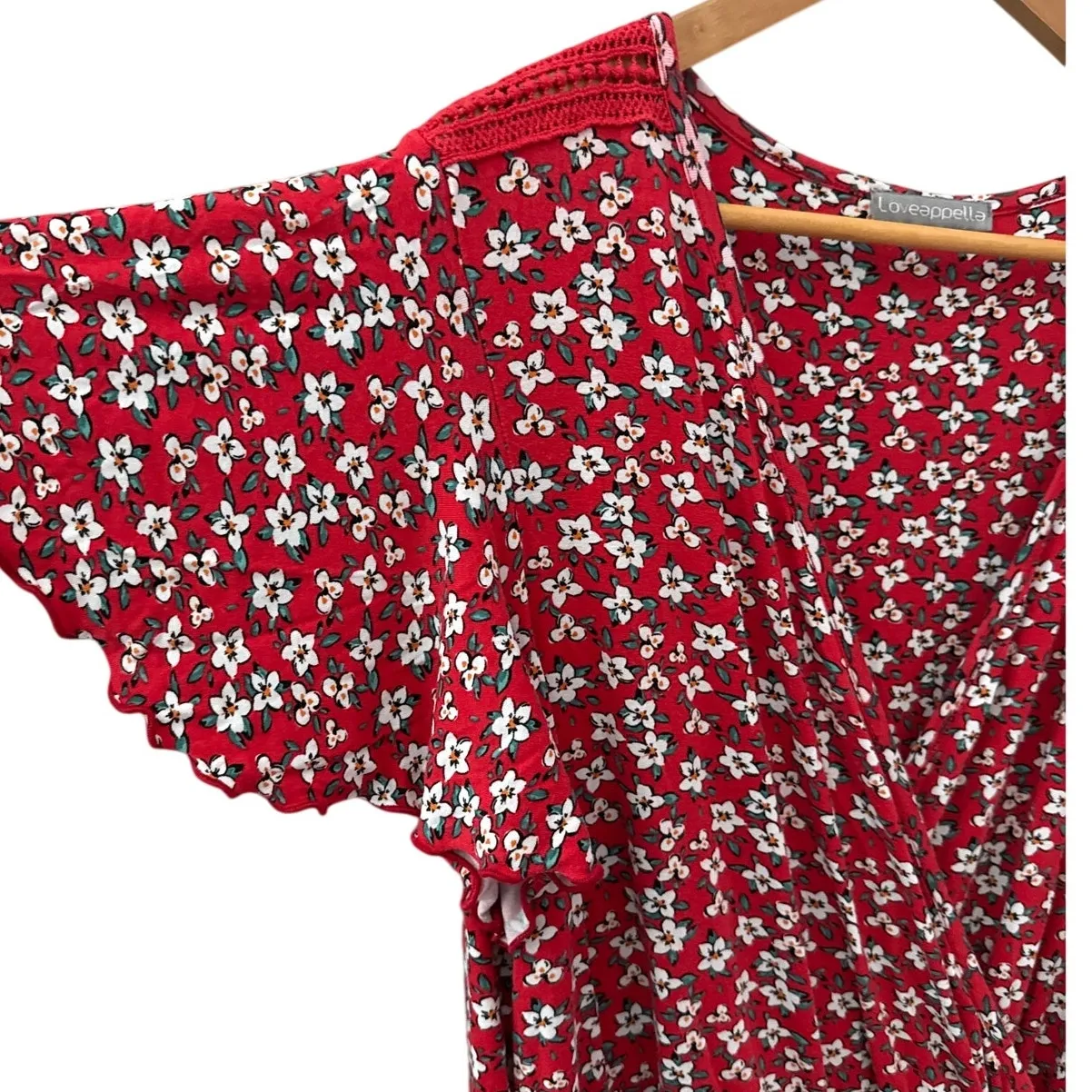 Loveappella Plus Torri Knit Maxi Dress Flutter Sleeve FloralRed & White Size 3X - Image 9