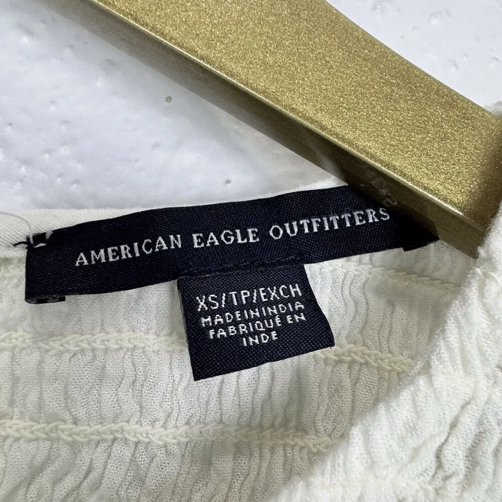 Y2K American Eagle Fairy Flared Long Sleeve Smocked Blouse XS White Angel Dainty - Image 6