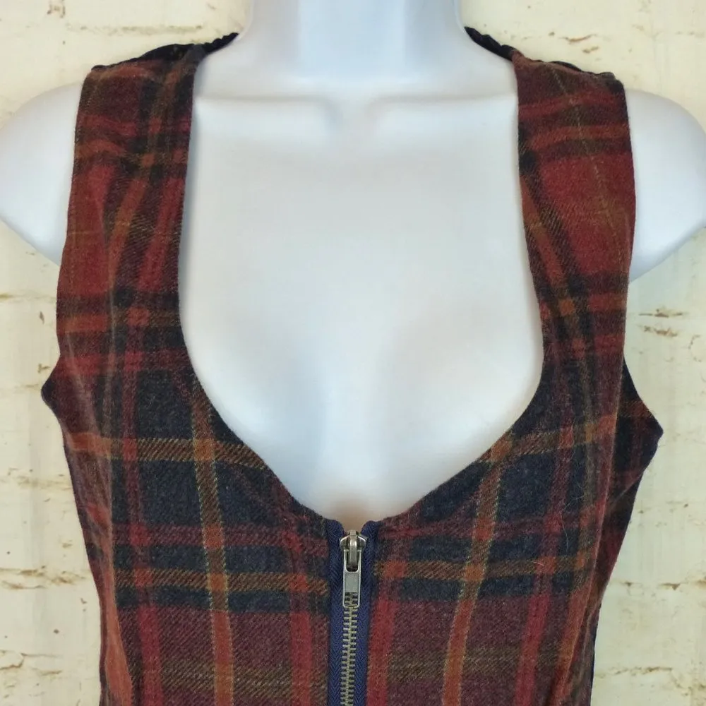 Womens Vest XS Orange Tartan Plaid Front Zipper Ruffle Peplum Grunge Y2K Handmad - Image 4