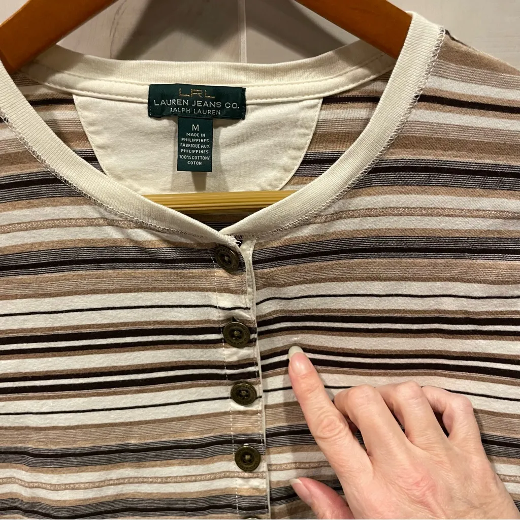 Vintage 90s-Y2K Cute creamy coffee stripe Ralph Lauren henley soft - Image 6