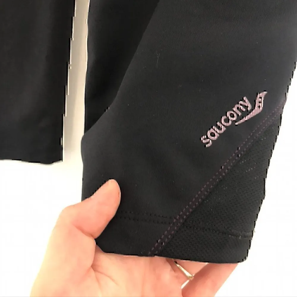 SAUCONY Black Burgundy Maroon Stripe Trim Capri Capris Active Leggings Legging - Image 4