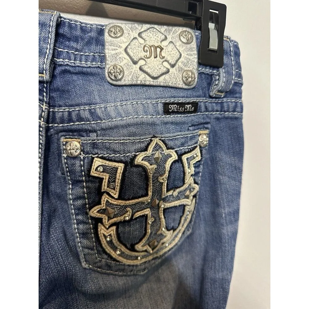 Miss Me Jeans Women 26 X 32 Signature Straight Bling Cross Horseshoe Pockets Low - Image 3