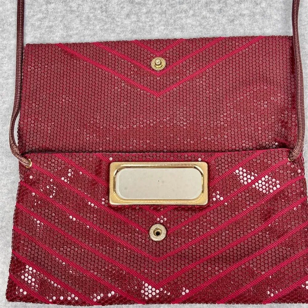 Vintage Red Sequin Mesh Chevron Clutch Purse Party Shoulder Bag with Mirror - Image 6