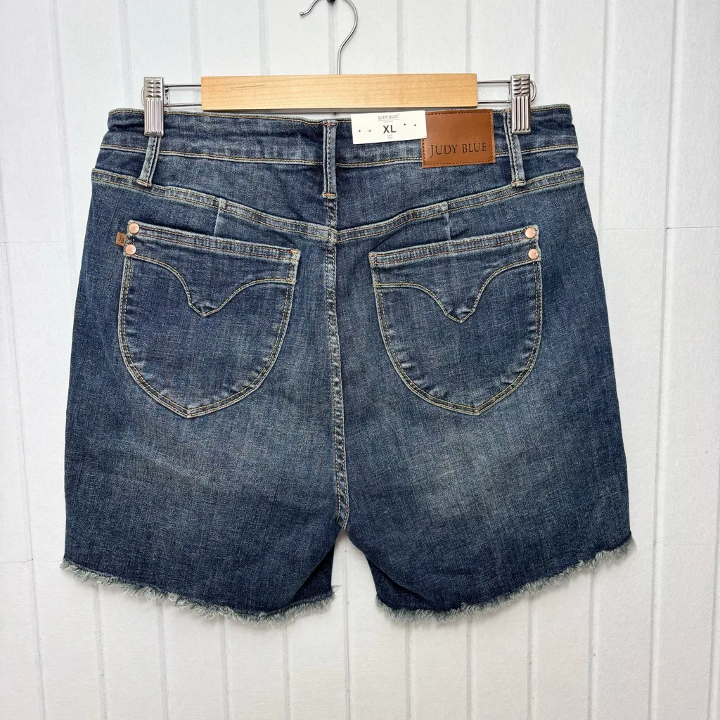 Judy Blue High Waist Women's Frayed Hem Jean Shorts - Dark Blue Size XL - Image 2