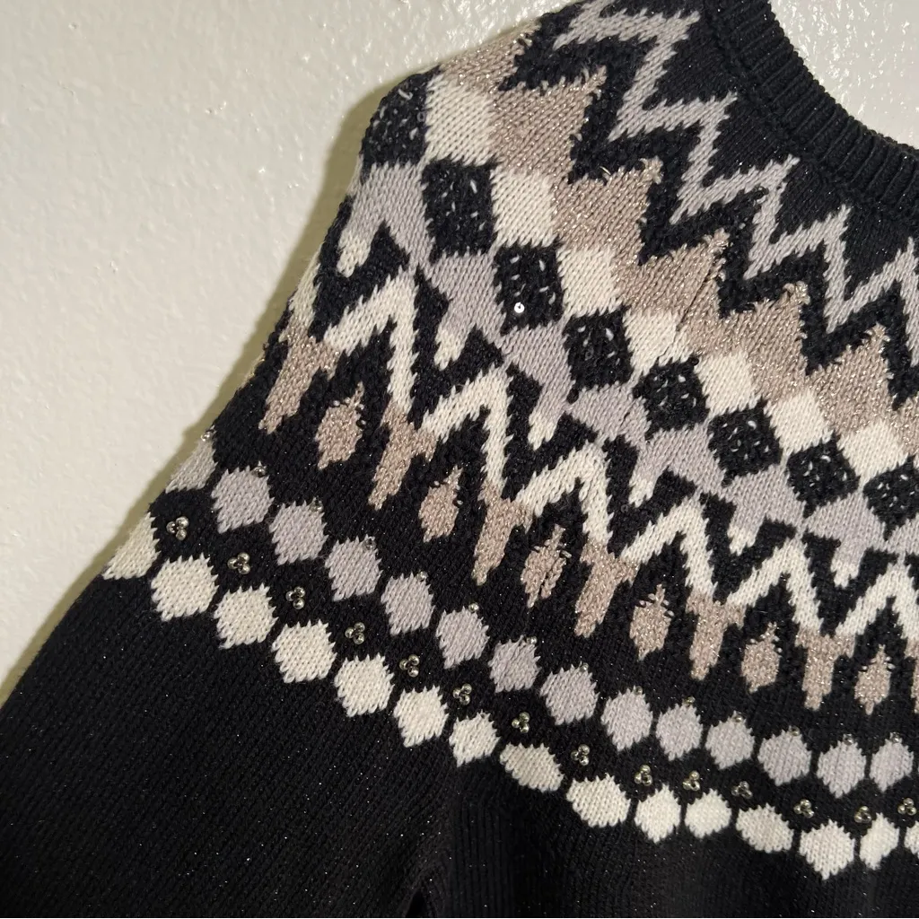 J. Jill Fair Isle Nordic Crewneck Sweater Black Sparkle S - Image 6