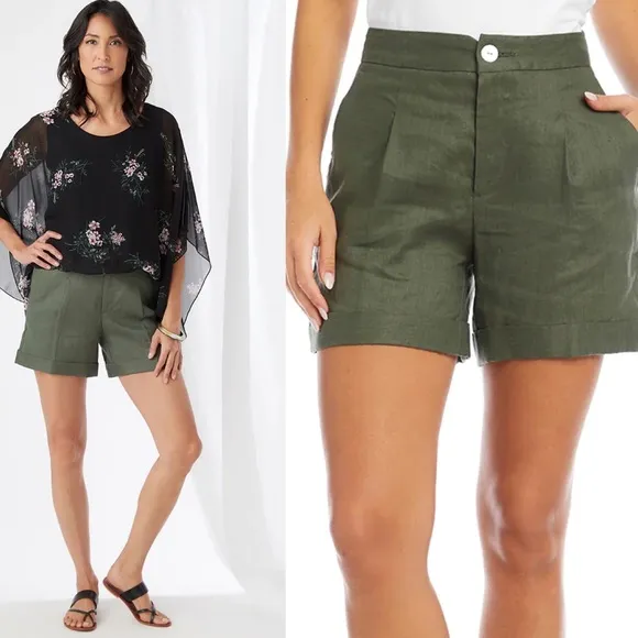NWT KAREN KANE High Waist Pleated Shorts OLIVE 100%LINEN SZ-16 - Image 2