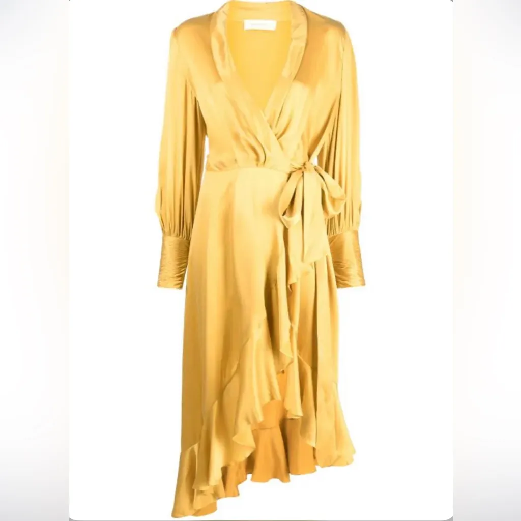 ZIMMERMANN
ruffled silk wrap midi dress in gold yellow - Image 5