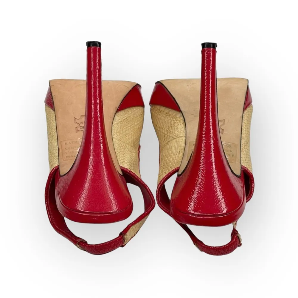 Bebe ᪥ Katie Straw Platform Slingback Heeled Sandals ᪥ Red Leather ᪥ Size 6M ᪥ - Image 11