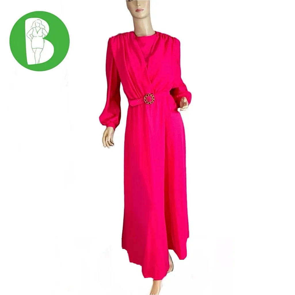 VINTAGE 1970'S VIBRANT PINK KNIT MAXI DRESS AND MATCHING BELT (8) - Image 2