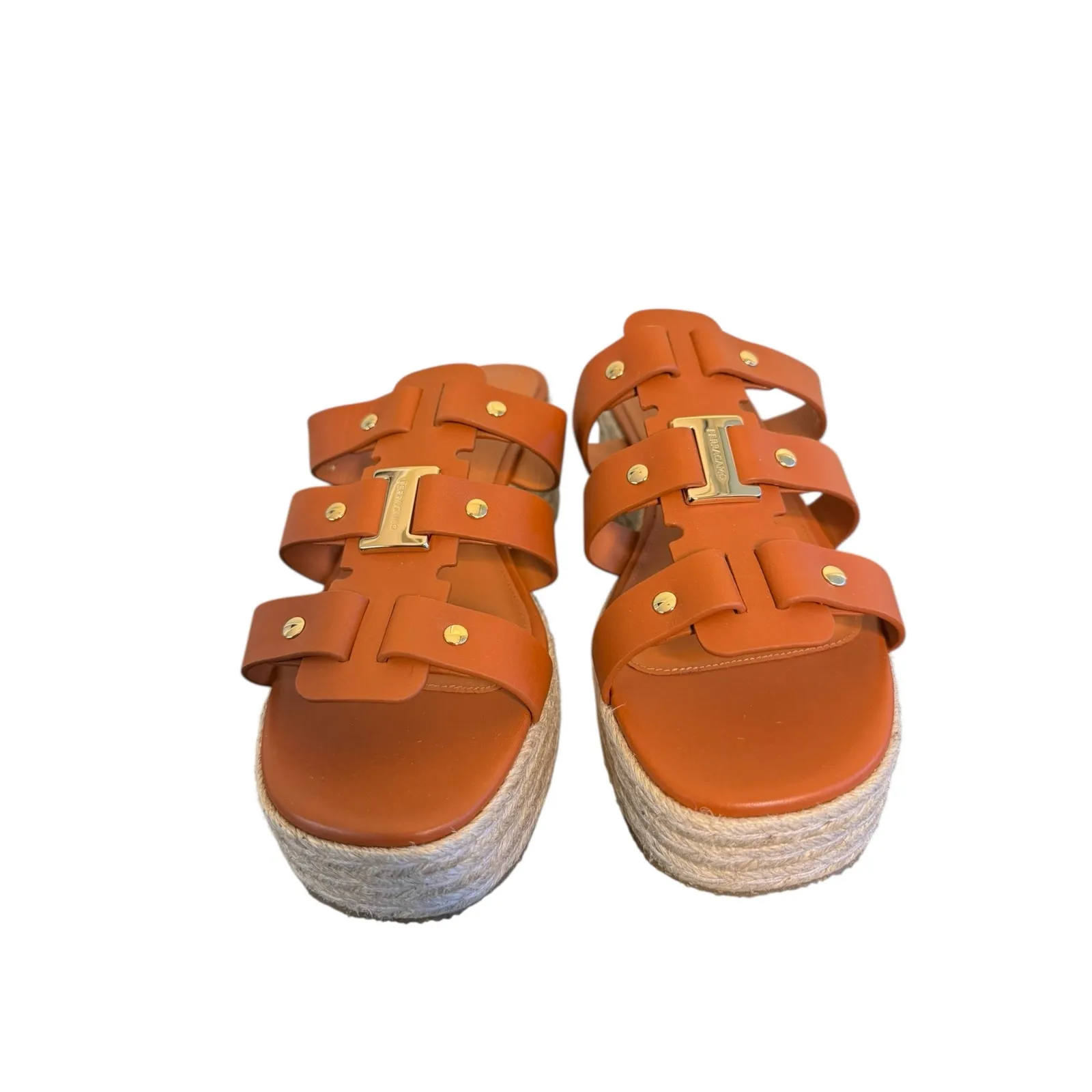 Ferragamo NIB Milica Strappy Leather Platform Sandals in Cognac Size 9.5 - Image 4