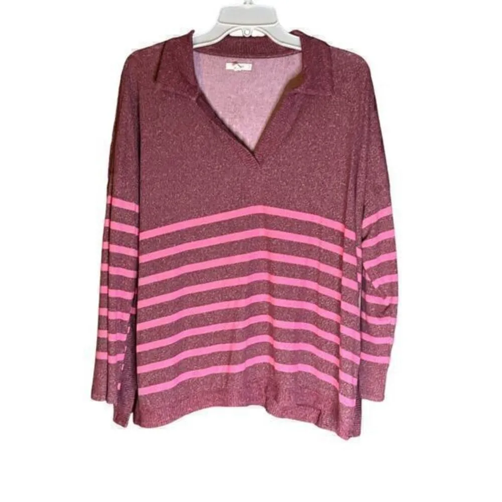 Maurices Women's Size Large Pink Burgundy Striped Collared Relaxed Oversized Top - Image 2