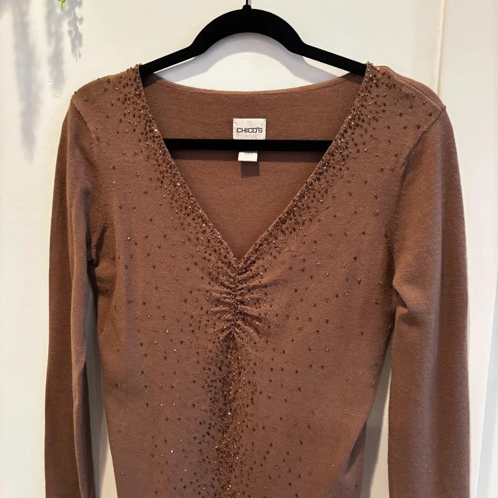 Chico's V-neck Women's Sweater Taupe Brown Shimmer Beaded Long Sleeve Size 0 - Image 3