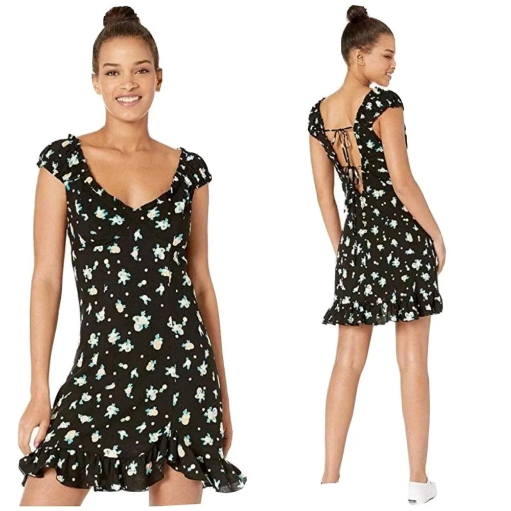 Free People Like A Lady Mini Floral Black Tie Back Mini Tunic Dress - Image 2