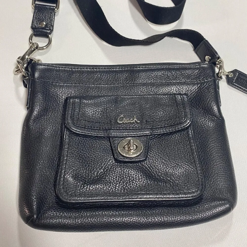 Coach Black Leather Crossbody Bag With Front Turn-Lock Pocket & Adjustable Strap - Image 2