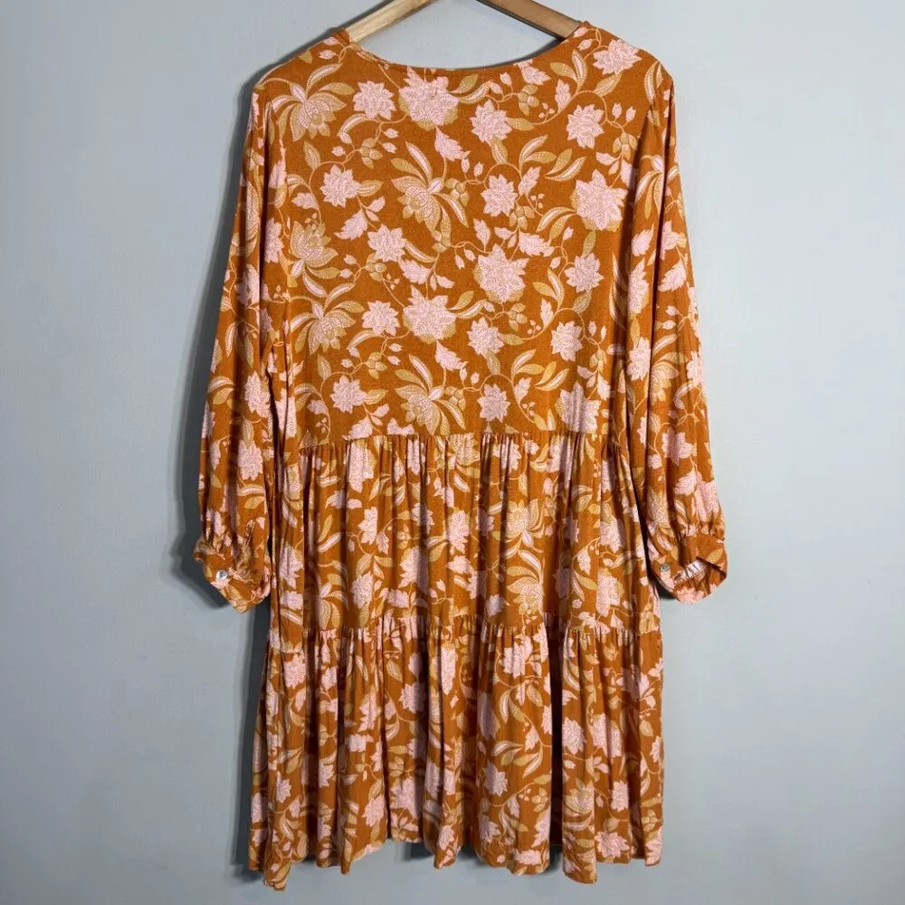 Petal + Pup Arden Floral Tunic Mini Dress Womens 6 Orange Flowy Tiered Button Up - Image 9