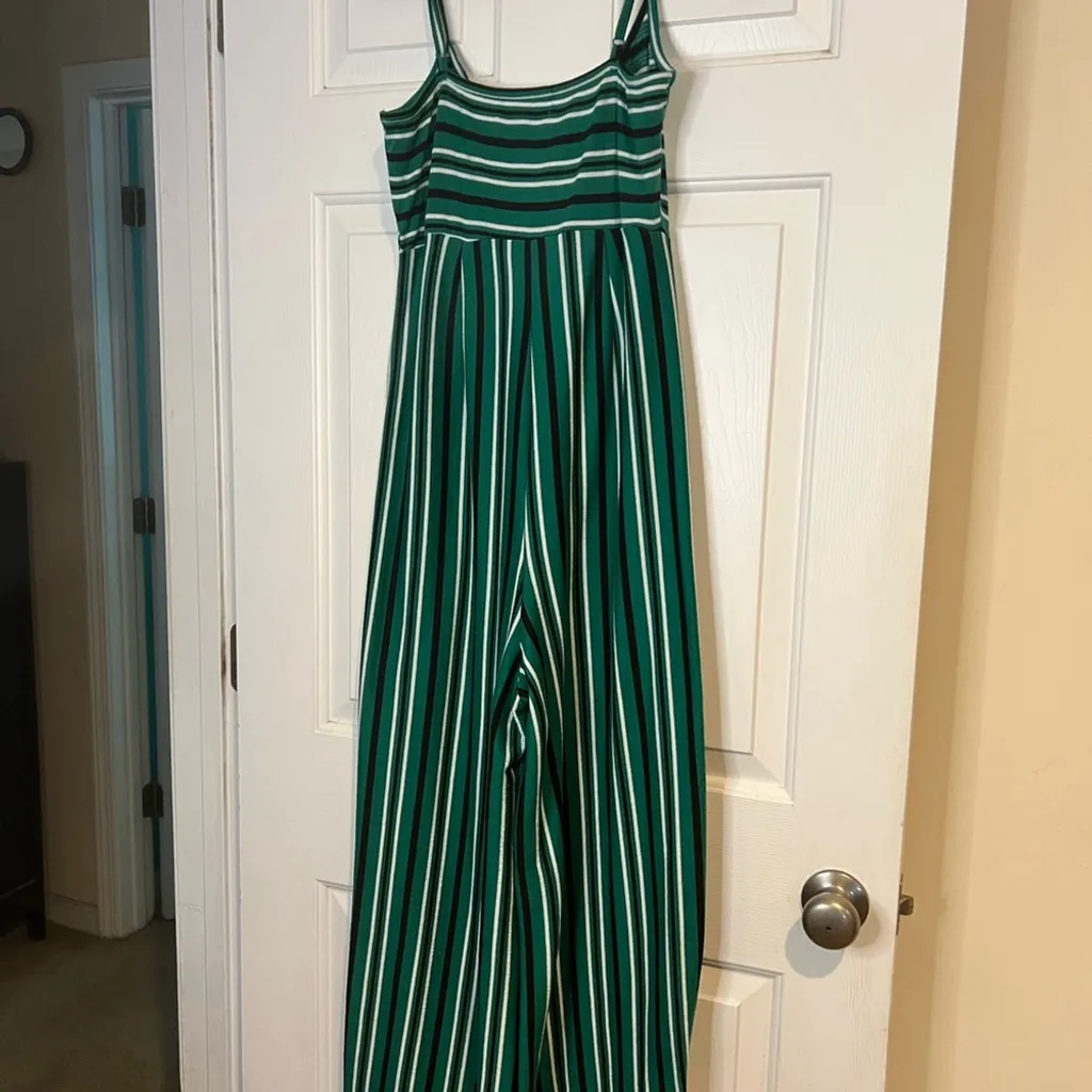 No Comment Wide Leg Green Striped Jumpsuit Adjustable Straps - Image 5