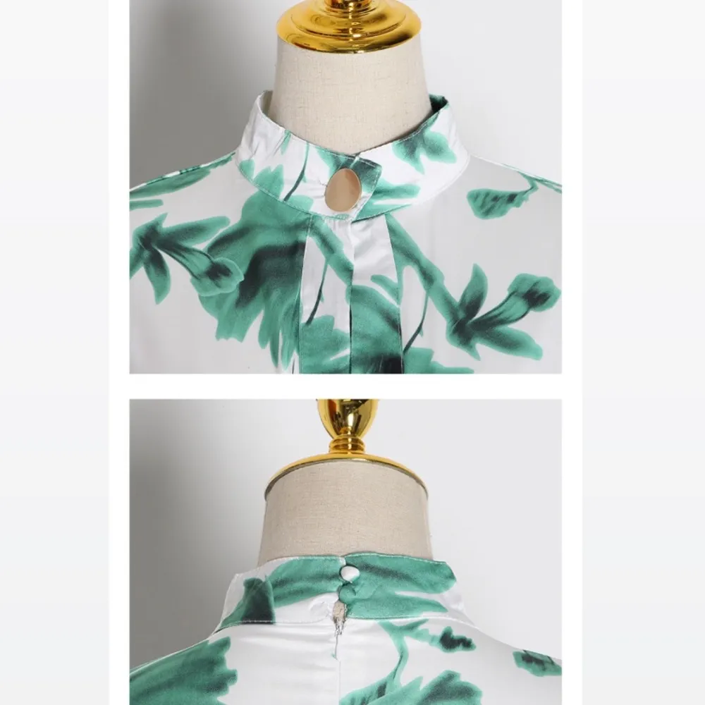 NWT Asymmetrical Hollow Out Print Dresses Long Sle Green Size M - Image 8