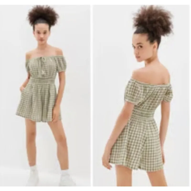 American Eagle Cotton Green White Gingham Shorts Off Shoulder Romper Size XS - Image 2