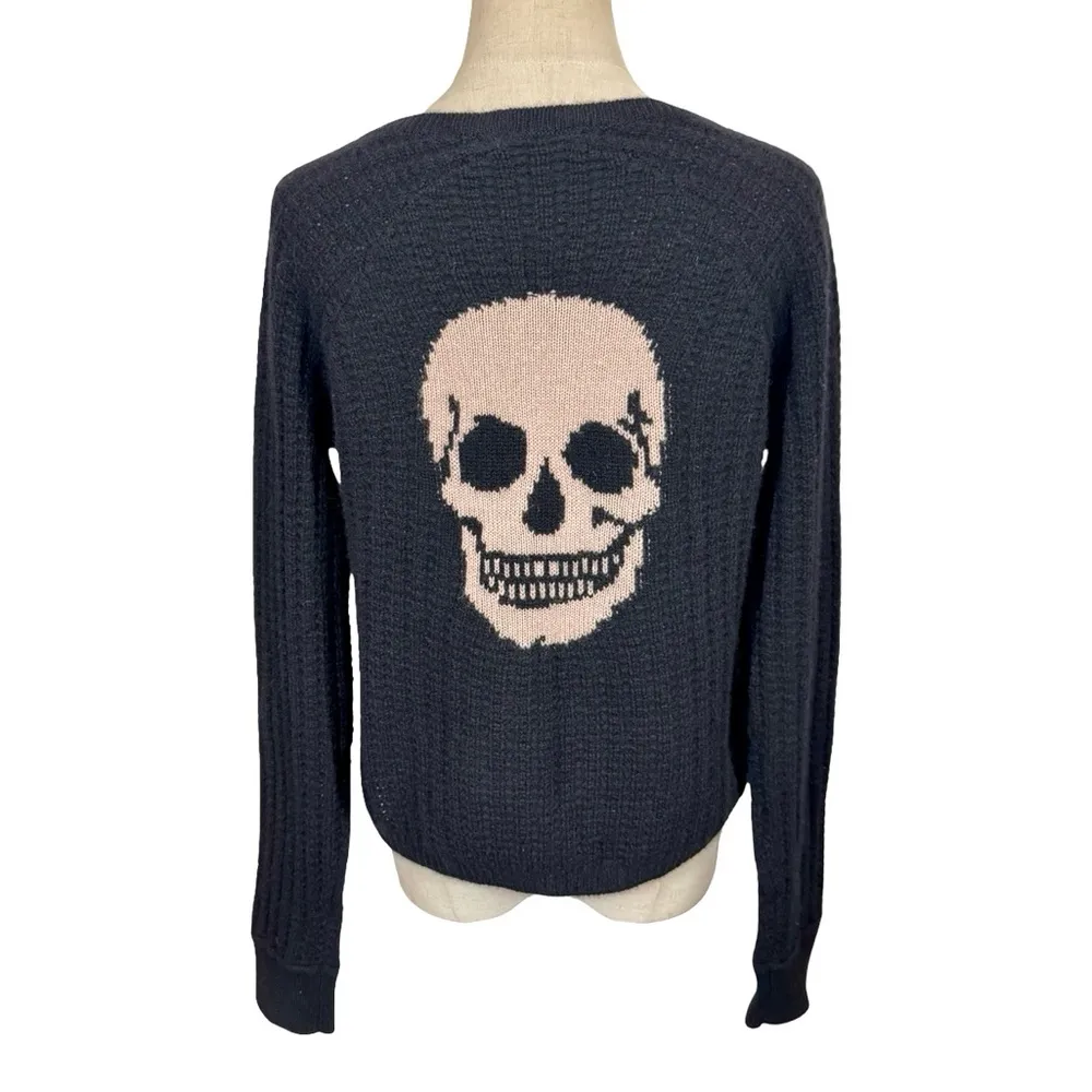 Skull Cashmere Cropped 100% Cashmere Textured Ribbed Sweater Intarsia Skull - Image 7