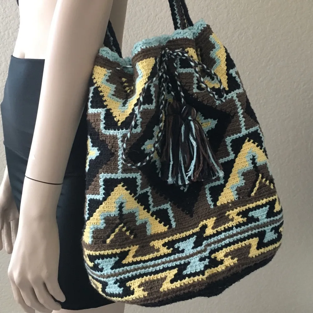 Handmade Crochet Boho Aztec Bag Blue - Image 2