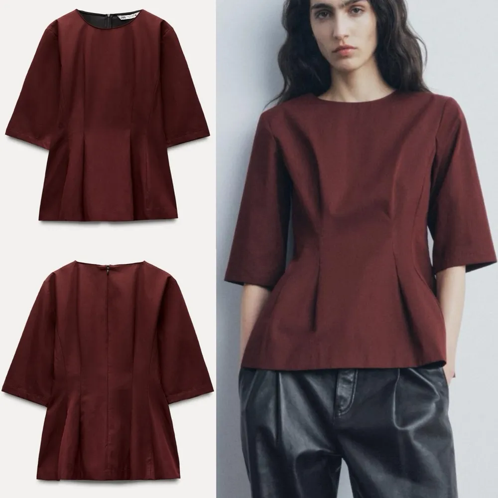 Zara Burgundy peplum tailored flared short sleeve top - Image 2