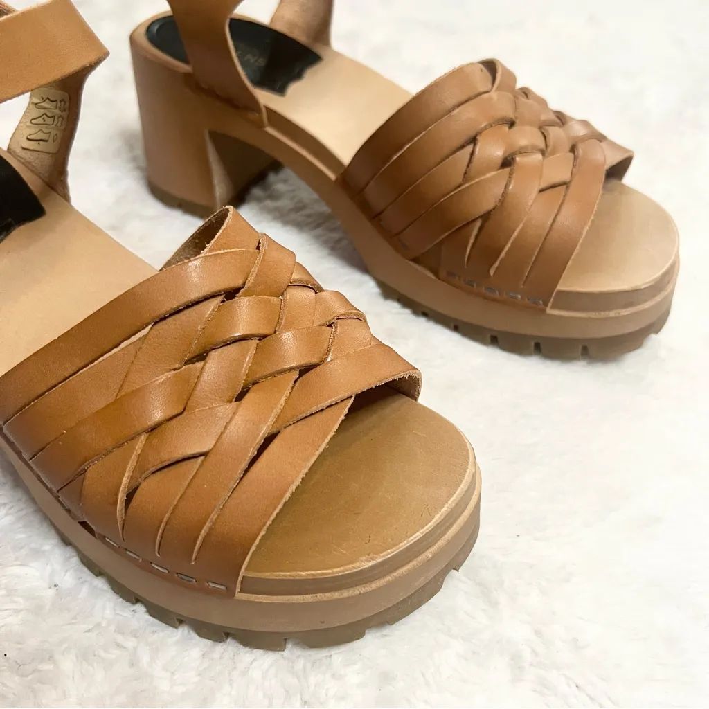 Swedish Hasbeens Rutan Tan Leather & Wood Ankle Strap Lug Sole Sandals Size 7 - Image 3