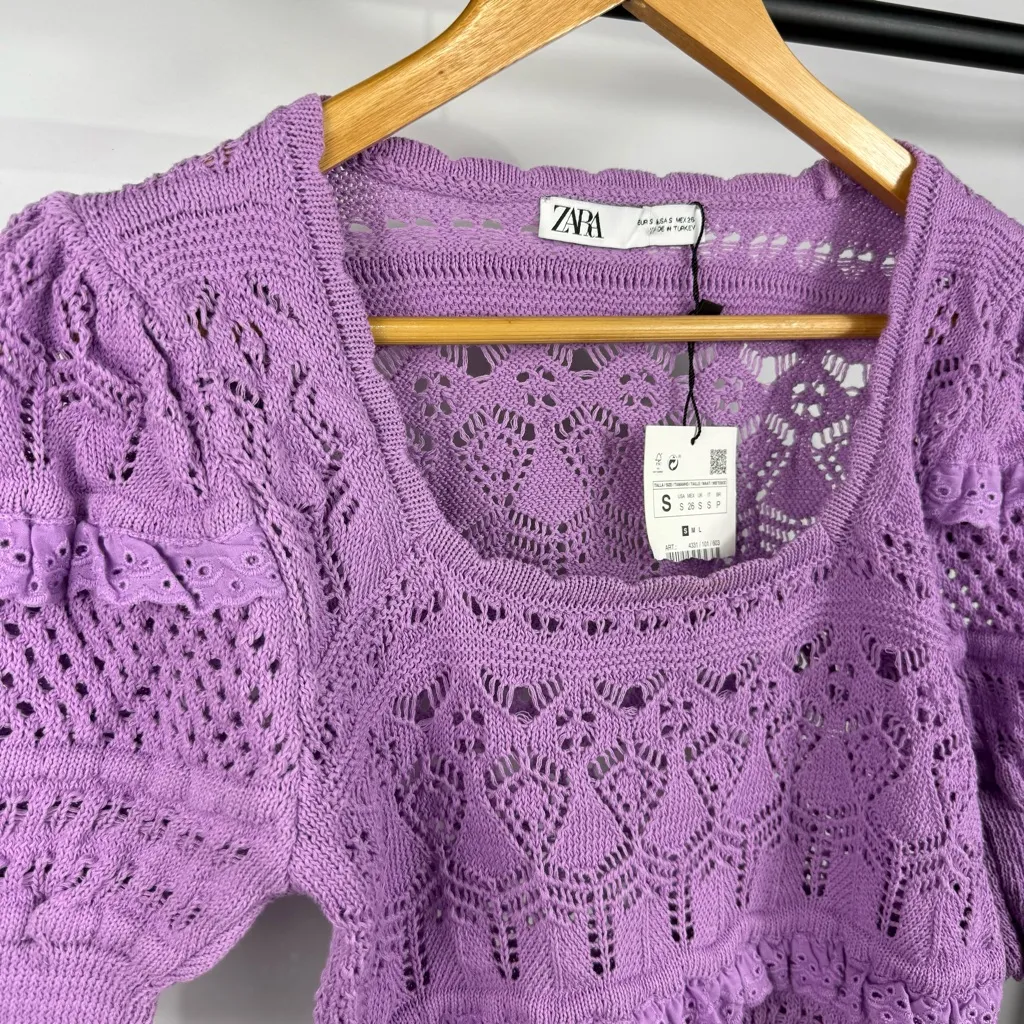 Zara Pointelle Knit Lilac Top Size Small - Image 2
