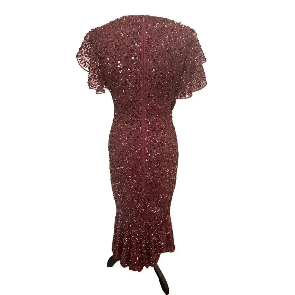 NEW- NWT Mac Duggal SEQUINED V NECK FLUTTER CAP SLEEVE TRUMPET DRESS SZ 0 - Image 5