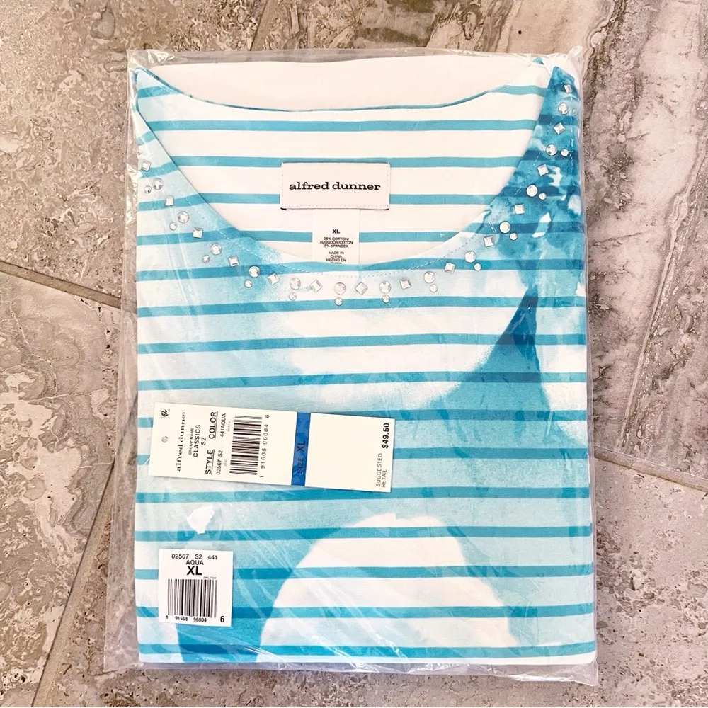 Alfred Dunner Floral Striped Tie Dye T-Shirt in Aqua, Size XL NEW w/Tag - Image 3